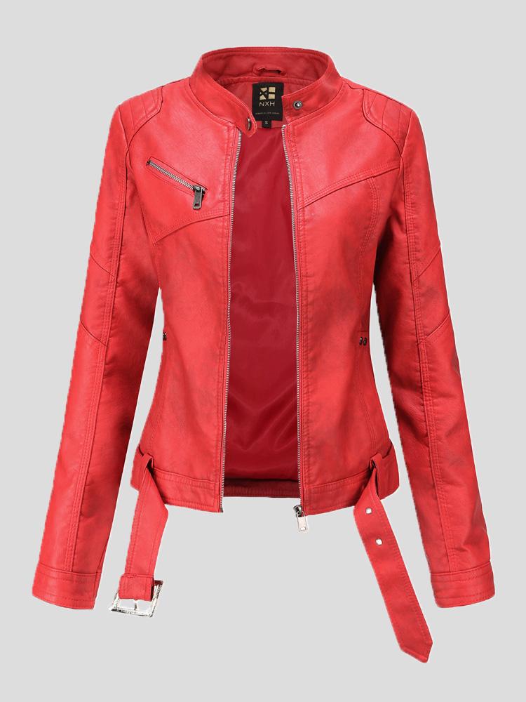 WW | Damenjacken Stehkragen Slim Gürtel Lederjacke