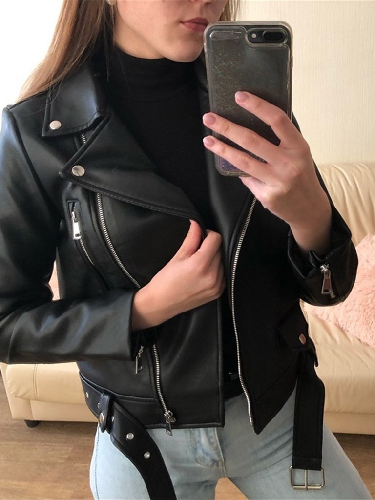 WW | Reißverschluss Lange Ärmel Pu Skinny Lederjacke