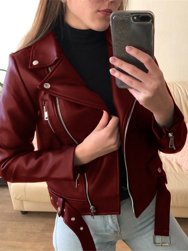WW | Reißverschluss Lange Ärmel Pu Skinny Lederjacke