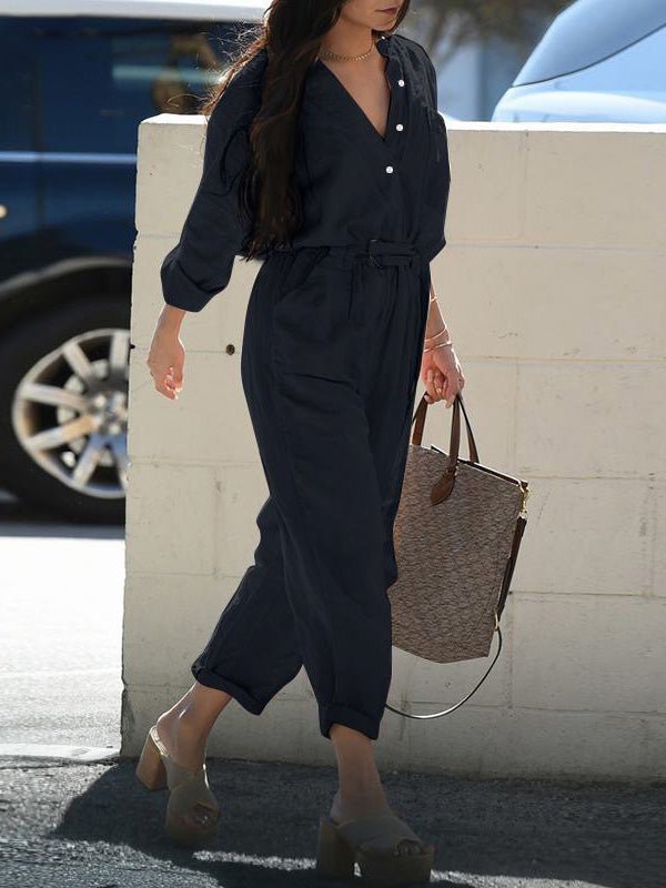 WW | Damen Overalls Knopf Gürtel Lange Ärmel Tasche Cargo Overall