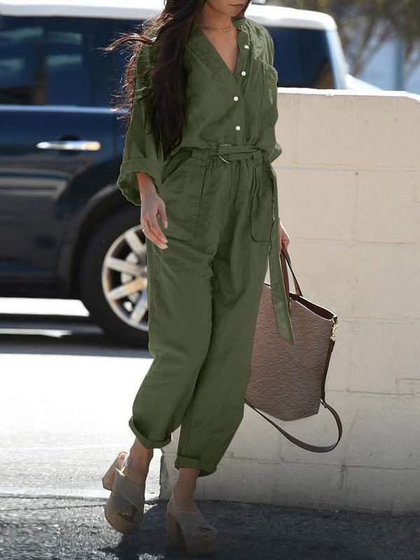 WW | Damen Overalls Knopf Gürtel Lange Ärmel Tasche Cargo Overall