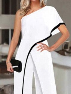 WW | Damen Jumpsuits Kontrast Schräge Schulter Unregelmäßiger Jumpsuit