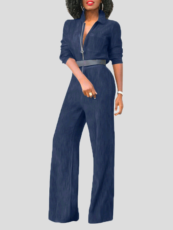 WW | Damen Jumpsuits Klapp Reißverschluss Lange Ärmel Denim Jumpsuit