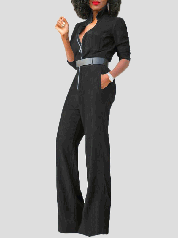WW | Damen Jumpsuits Klapp Reißverschluss Lange Ärmel Denim Jumpsuit