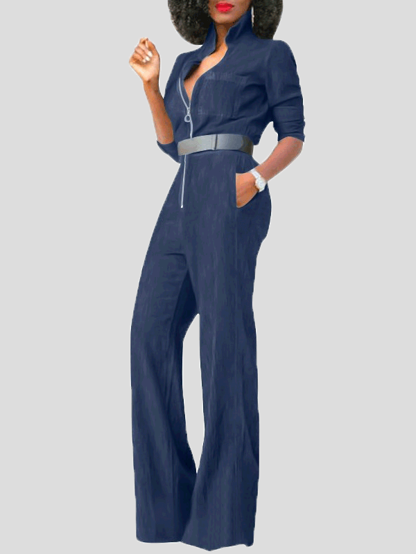 WW | Damen Jumpsuits Klapp Reißverschluss Lange Ärmel Denim Jumpsuit