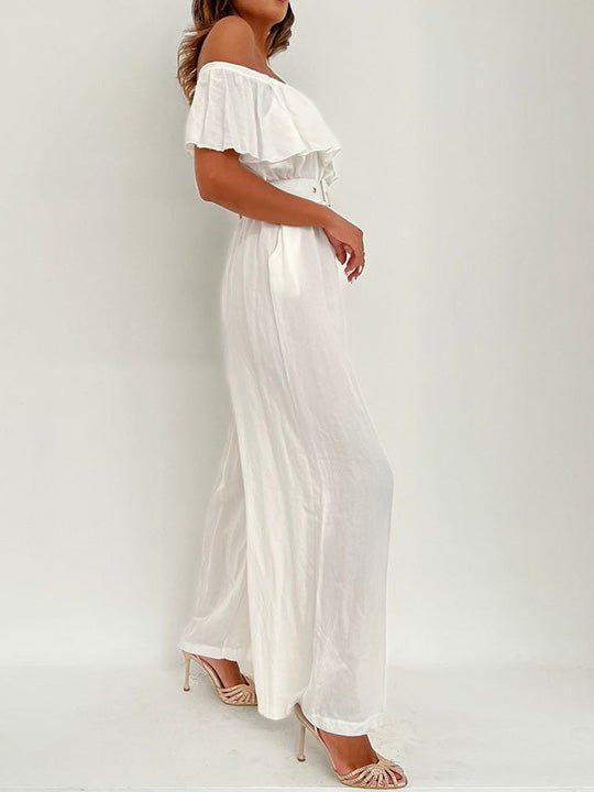 WW | Frauen Jumpsuits Ein Schulter Rüschen Gürtel Breite Beinform Jumpsuit