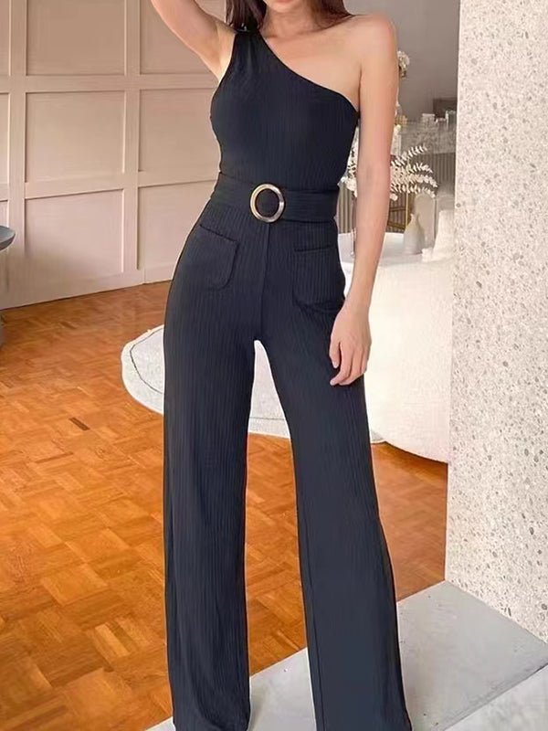 WW | Damen Jumpsuits Ein Schulterträger Gürtel Breite Bein Hose Jumpsuit
