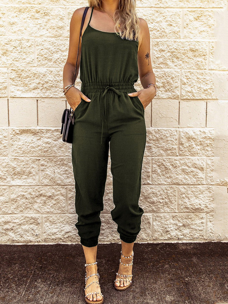 WW | Damen Jumpsuits Sling Bindung Elastischer Bund Tasche Slim Fit Jumpsuit