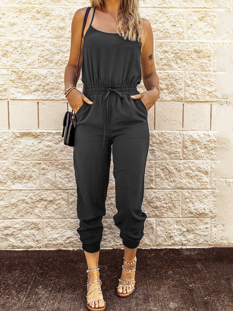 WW | Damen Jumpsuits Sling Bindung Elastischer Bund Tasche Slim Fit Jumpsuit