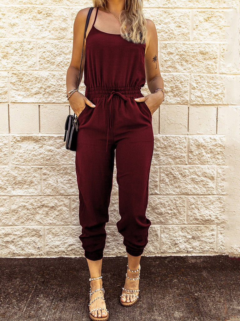 WW | Damen Jumpsuits Sling Bindung Elastischer Bund Tasche Slim Fit Jumpsuit