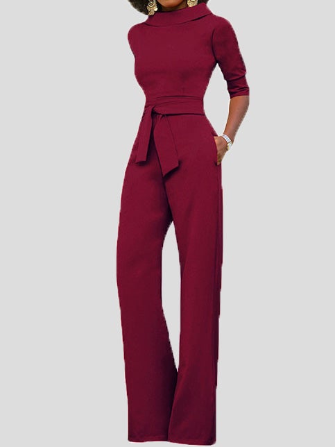 WW | Damen Jumpsuits Solid Fem Punkte Ärmel Gürtel Breite Beine Jumpsuit