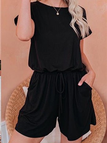 WW | Damen Jumpsuits Solid Kurzarm Schnürverschluss Lässiger Jumpsuit