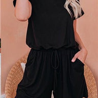 WW | Damen Jumpsuits Solid Kurzarm Schnürverschluss Lässiger Jumpsuit