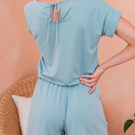 WW | Damen Jumpsuits Solid Kurzarm Schnürverschluss Lässiger Jumpsuit