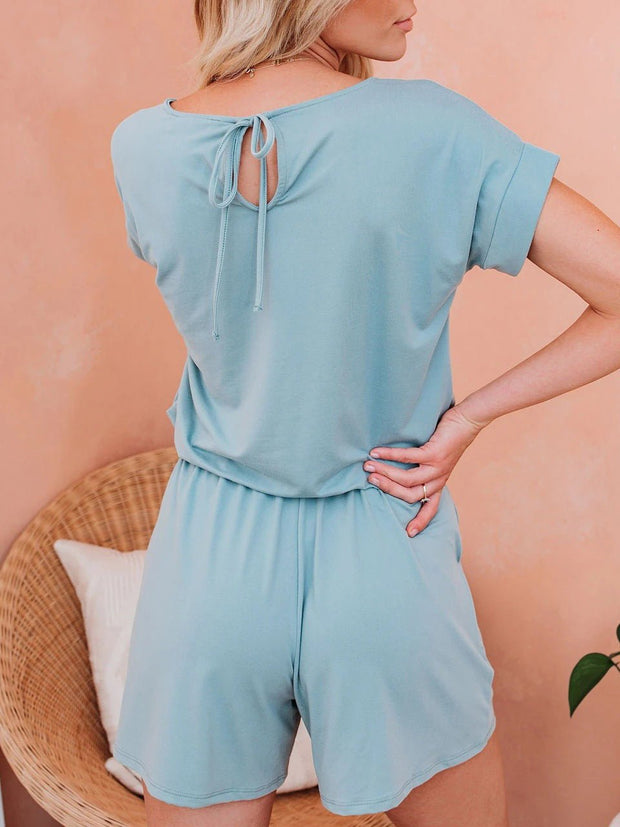 WW | Damen Jumpsuits Solid Kurzarm Schnürverschluss Lässiger Jumpsuit