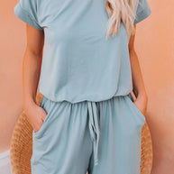 WW | Damen Jumpsuits Solid Kurzarm Schnürverschluss Lässiger Jumpsuit