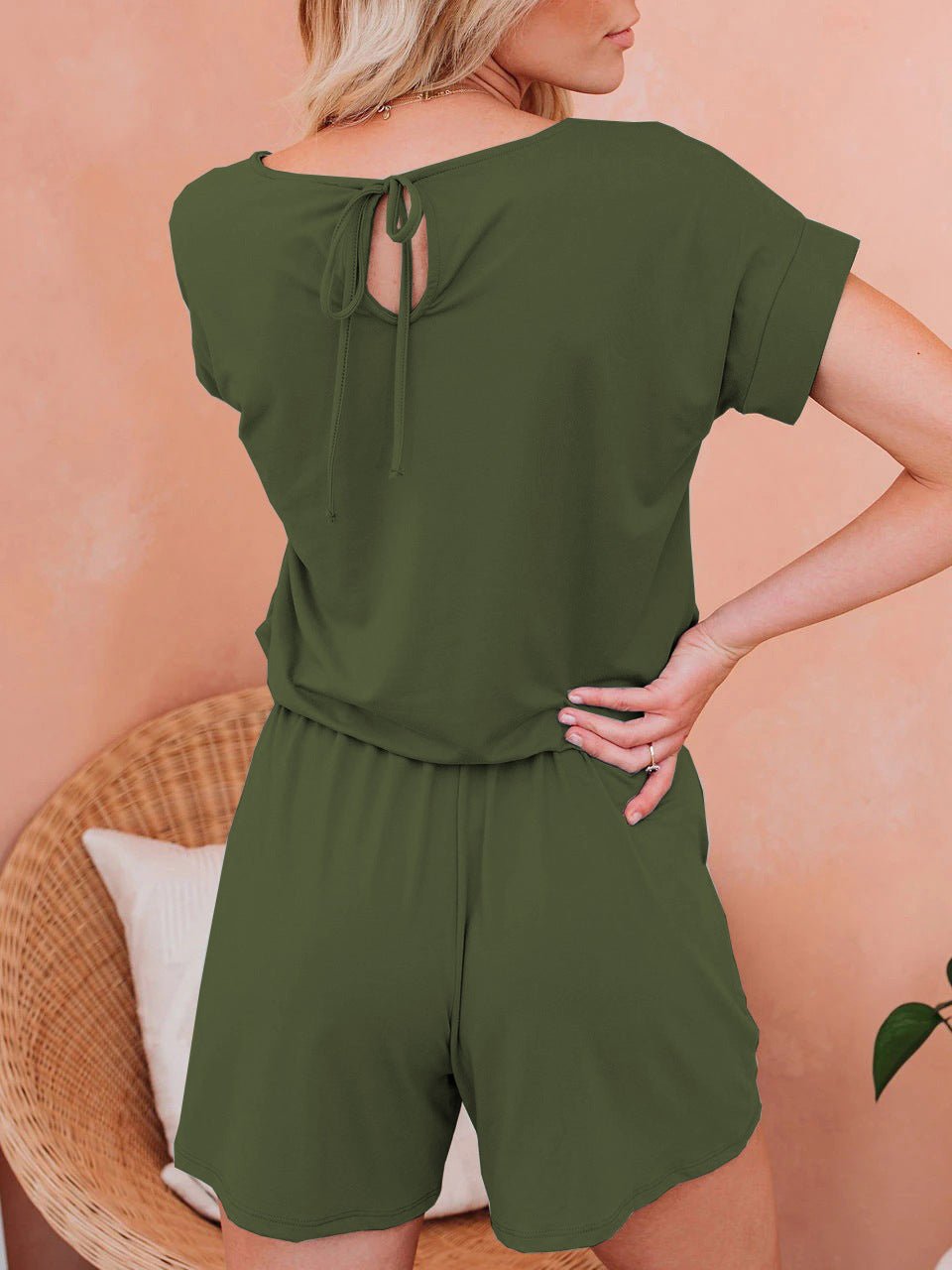 WW | Damen Jumpsuits Solid Kurzarm Schnürverschluss Lässiger Jumpsuit