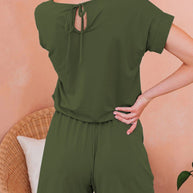 WW | Damen Jumpsuits Solid Kurzarm Schnürverschluss Lässiger Jumpsuit