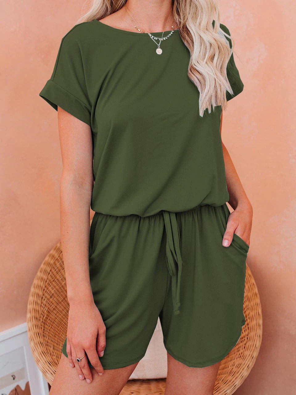 WW | Damen Jumpsuits Solid Kurzarm Schnürverschluss Lässiger Jumpsuit