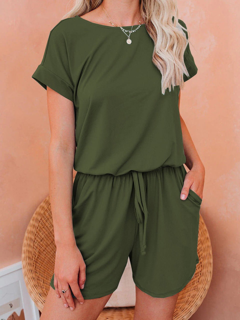 WW | Damen Jumpsuits Solid Kurzarm Schnürverschluss Lässiger Jumpsuit