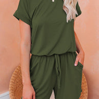 WW | Damen Jumpsuits Solid Kurzarm Schnürverschluss Lässiger Jumpsuit