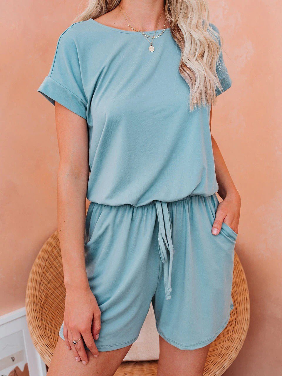 WW | Damen Jumpsuits Solid Kurzarm Schnürverschluss Lässiger Jumpsuit