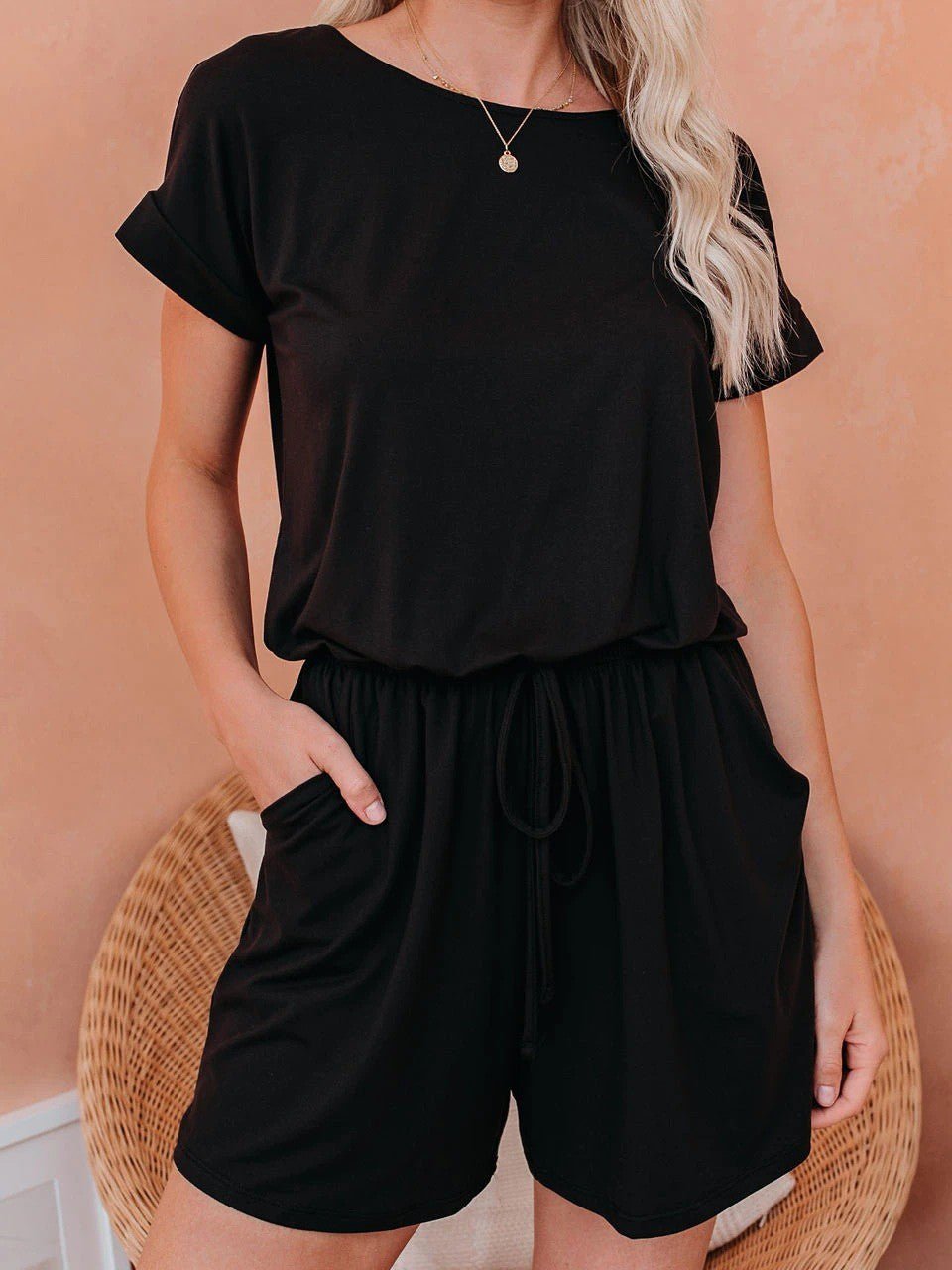 WW | Damen Jumpsuits Solid Kurzarm Schnürverschluss Lässiger Jumpsuit