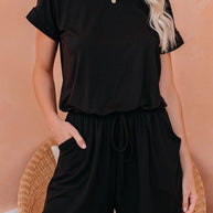 WW | Damen Jumpsuits Solid Kurzarm Schnürverschluss Lässiger Jumpsuit