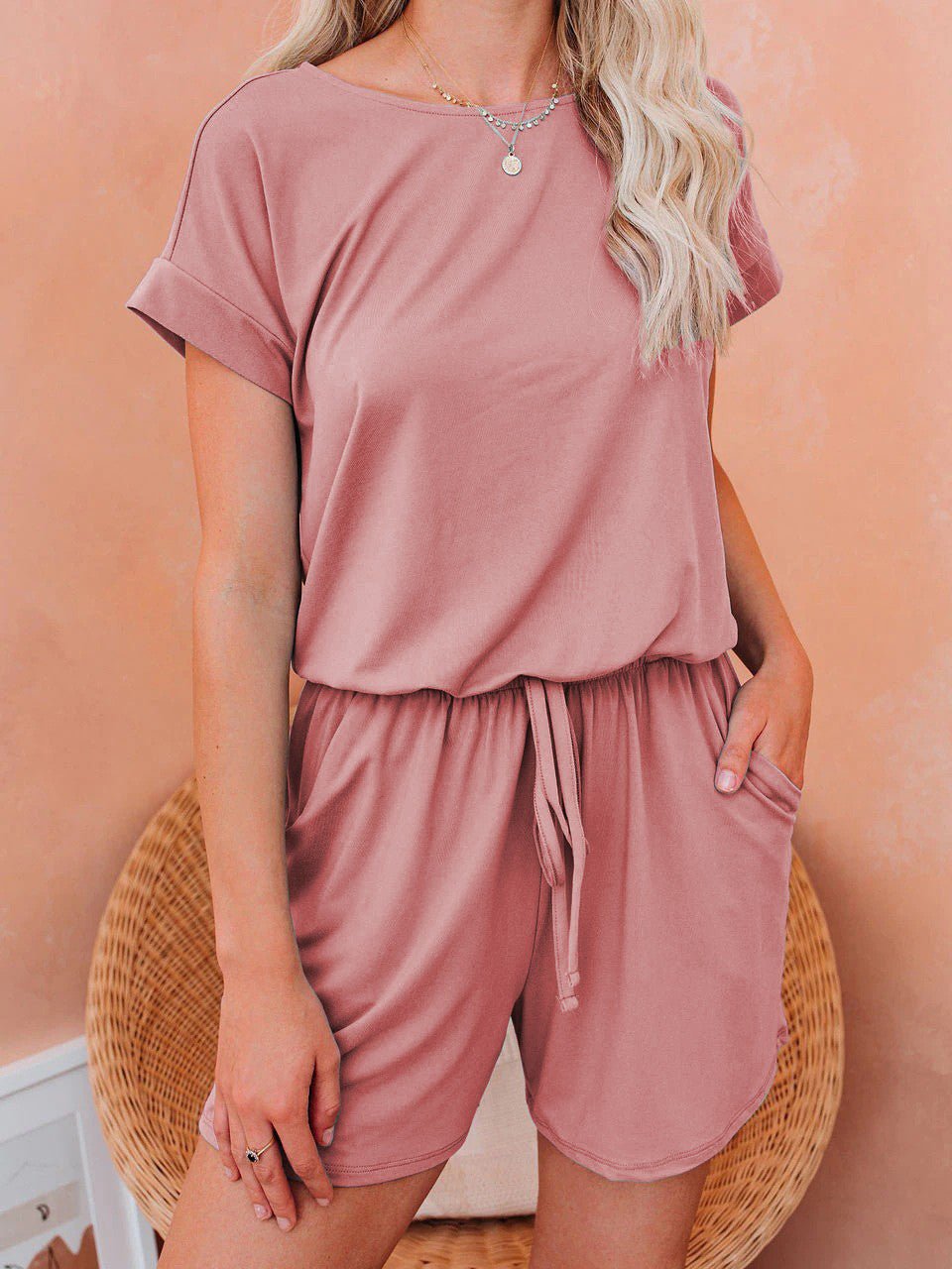 WW | Damen Jumpsuits Solid Kurzarm Schnürverschluss Lässiger Jumpsuit