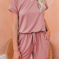 WW | Damen Jumpsuits Solid Kurzarm Schnürverschluss Lässiger Jumpsuit