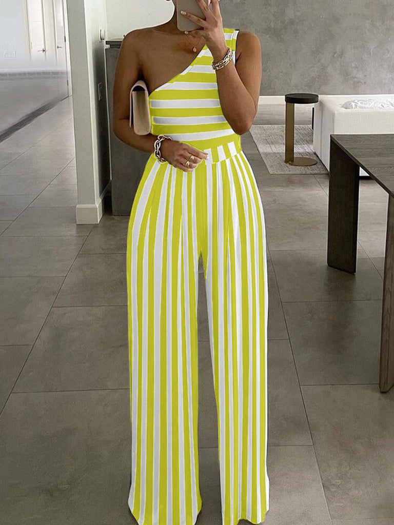 WW | Frauen Jumpsuits Gestreifter Druck Einseitiger Jumpsuit