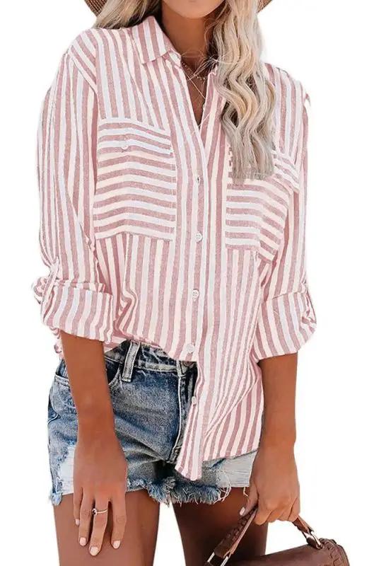 WW | Damen Leinen Baumwolle Gewaschen Wasserstreifen Einreihiges Langarmshirt Damen