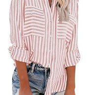 WW | Damen Leinen Baumwolle Gewaschen Wasserstreifen Einreihiges Langarmshirt Damen