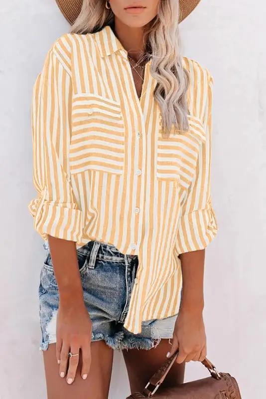 WW | Damen Leinen Baumwolle Gewaschen Wasserstreifen Einreihiges Langarmshirt Damen