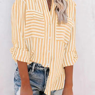 WW | Damen Leinen Baumwolle Gewaschen Wasserstreifen Einreihiges Langarmshirt Damen