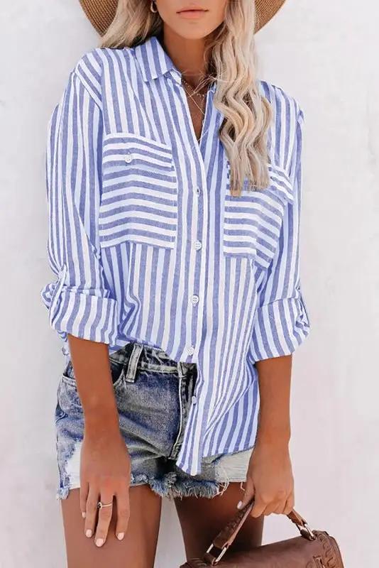 WW | Damen Leinen Baumwolle Gewaschen Wasserstreifen Einreihiges Langarmshirt Damen