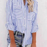 WW | Damen Leinen Baumwolle Gewaschen Wasserstreifen Einreihiges Langarmshirt Damen