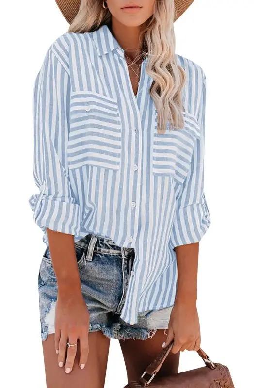 WW | Damen Leinen Baumwolle Gewaschen Wasserstreifen Einreihiges Langarmshirt Damen