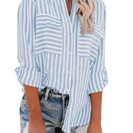 WW | Damen Leinen Baumwolle Gewaschen Wasserstreifen Einreihiges Langarmshirt Damen