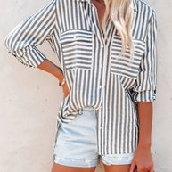 WW | Damen Leinen Baumwolle Gewaschen Wasserstreifen Einreihiges Langarmshirt Damen