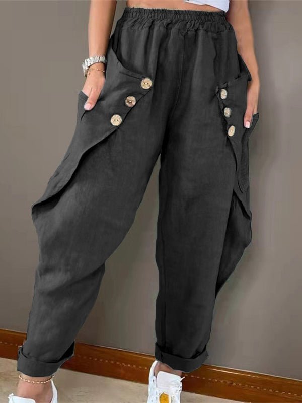 WW | Damen Hose Lässig Tasche Knopf Elastischer Bund Hose