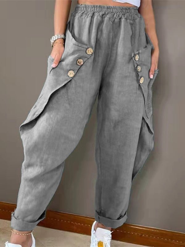 WW | Damen Hose Lässig Tasche Knopf Elastischer Bund Hose