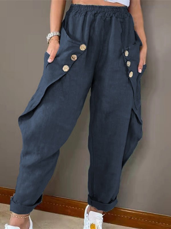 WW | Damen Hose Lässig Tasche Knopf Elastischer Bund Hose