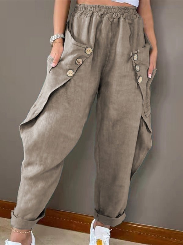 WW | Damen Hose Lässig Tasche Knopf Elastischer Bund Hose