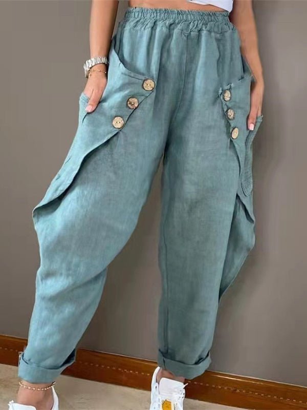 WW | Damen Hose Lässig Tasche Knopf Elastischer Bund Hose