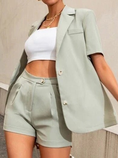 WW | Damen Set Solide Blazer & Hohe Taille Shorts 2 Teiliges Set