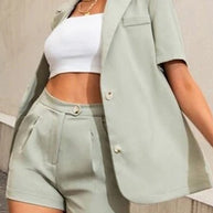 WW | Damen Set Solide Blazer & Hohe Taille Shorts 2 Teiliges Set