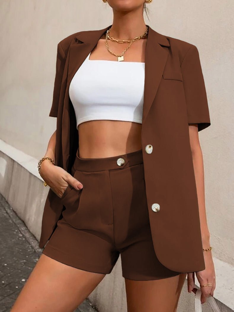 WW | Damen Set Solide Blazer & Hohe Taille Shorts 2 Teiliges Set