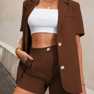 WW | Damen Set Solide Blazer & Hohe Taille Shorts 2 Teiliges Set