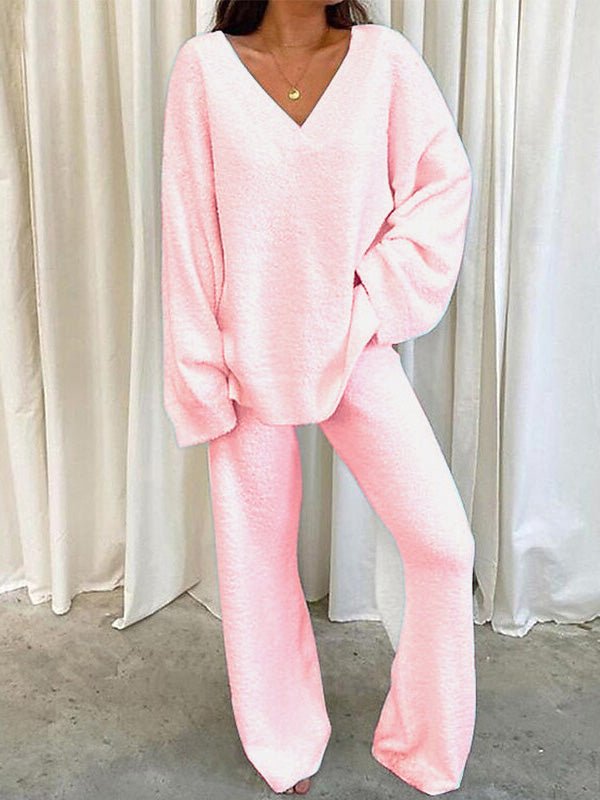 WW | Damen Set Einfarbig V-Ausschnitt Lässige Langarm Top & Hose Warm Zweiteilig Set